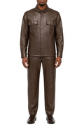 Brown men's two piece vegan leather long sleeve walking suit set
