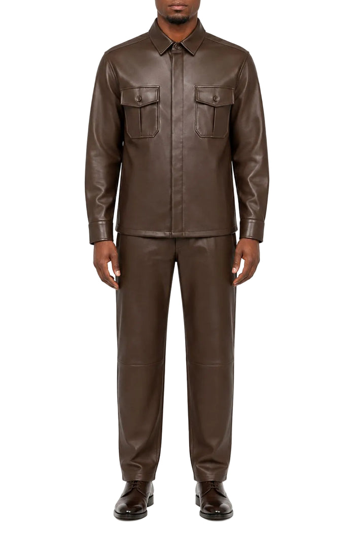 Brown men's two piece vegan leather long sleeve walking suit set