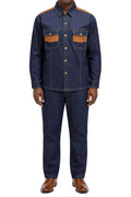 Indigo cotton blend tan contrast panel long sleeve men's walking suit