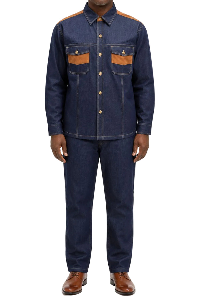 Indigo cotton blend tan contrast panel long sleeve men's walking suit