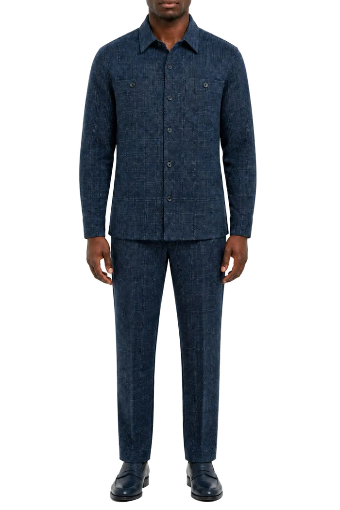 Navy men's two piece textured pattern long sleeve walking suit set