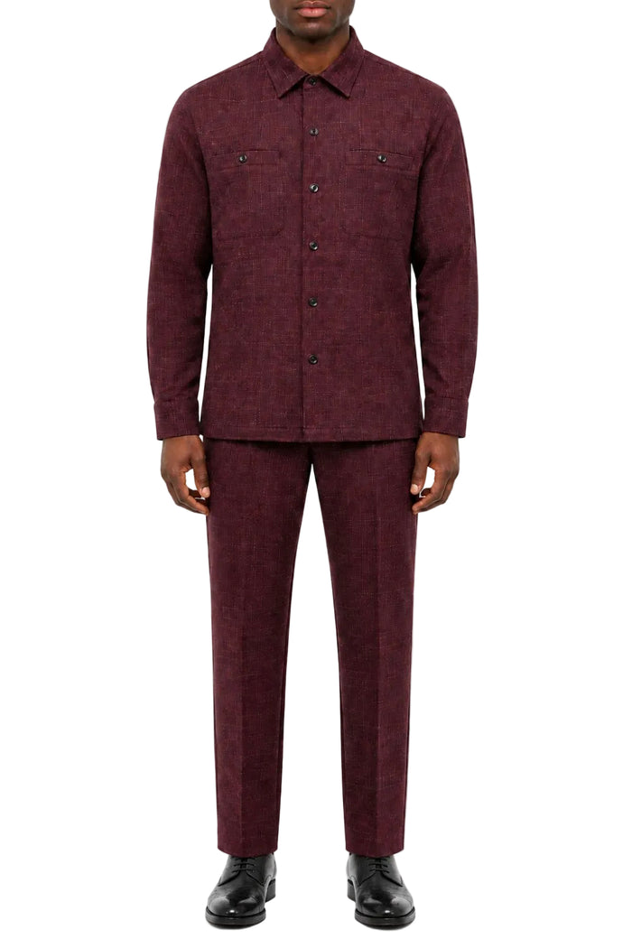Wine men's two piece textured pattern long sleeve walking suit set