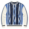 Navy men's mixed-knit crewneck sweater with vertical stripes and textured finish