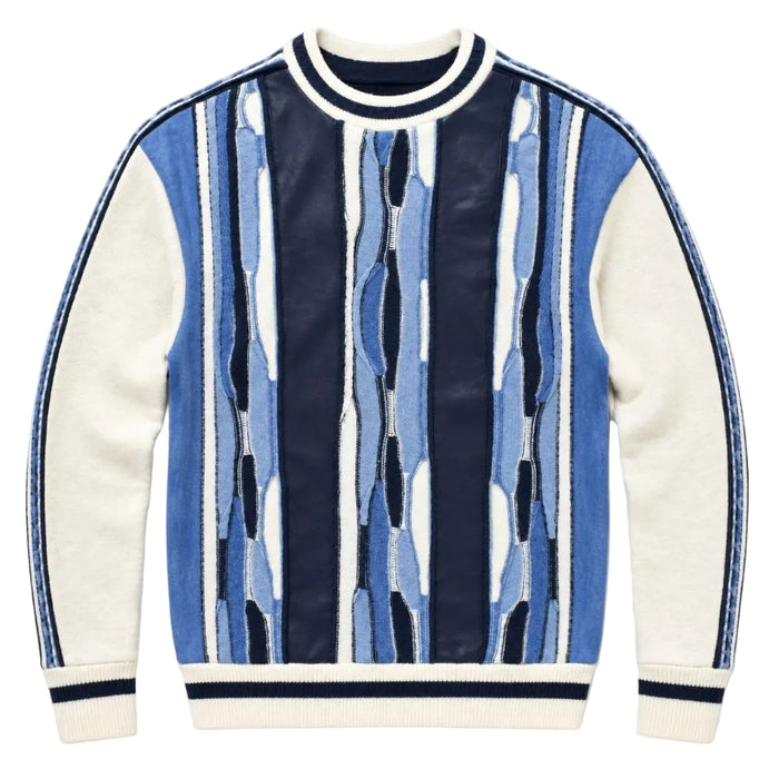 Navy men's mixed-knit crewneck sweater with vertical stripes and textured finish