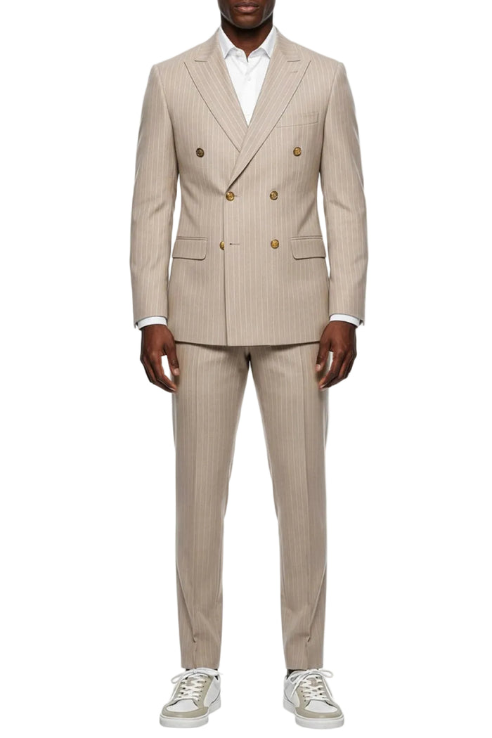 Tan hybrid fit 2 piece men's double breasted pinstripe suit