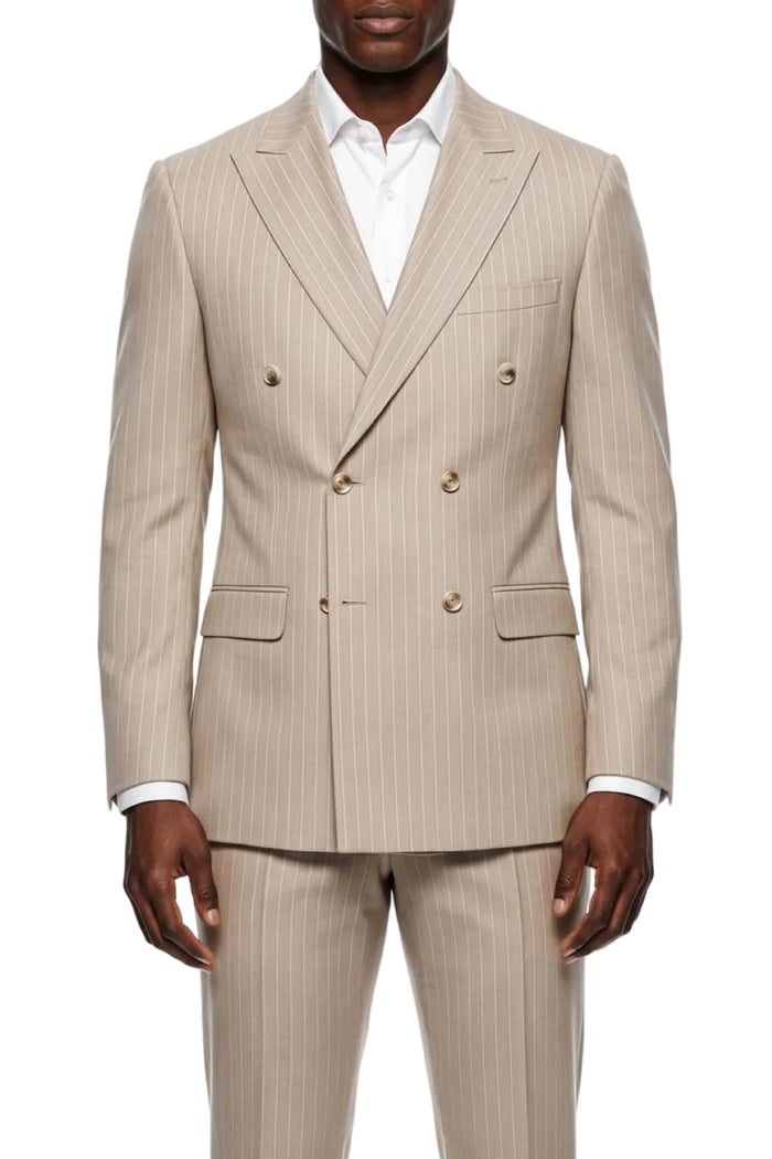 Beige pinstripe suit on a white background