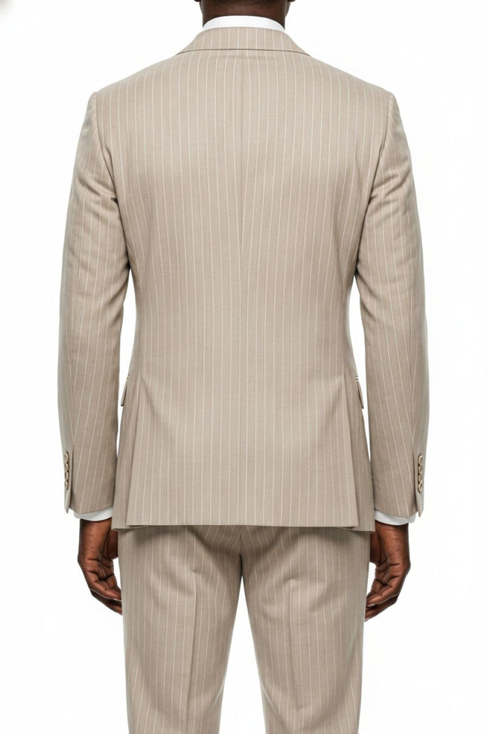 Beige pinstripe suit on a white background