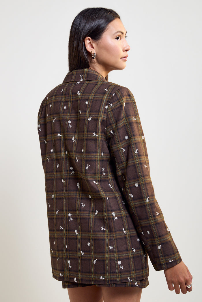 Straight-Cut Checkered and Embroidered Blazer - 3037