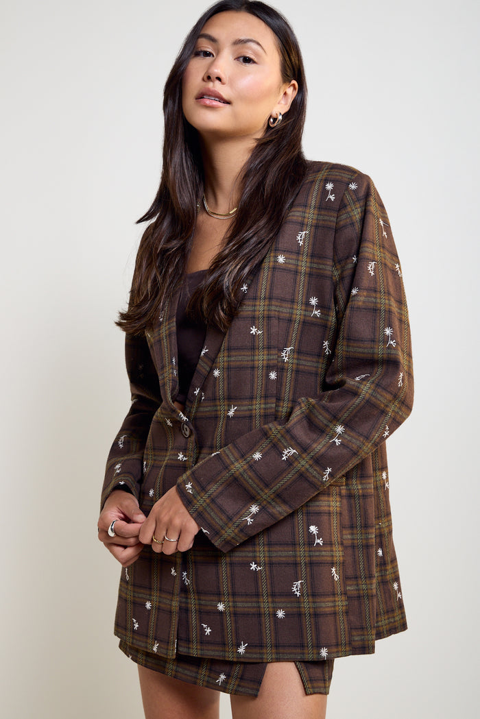 Straight-Cut Checkered and Embroidered Blazer - 3037