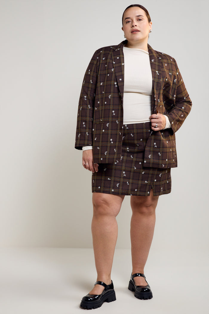 Straight-Cut Checkered and Embroidered Blazer - 3037