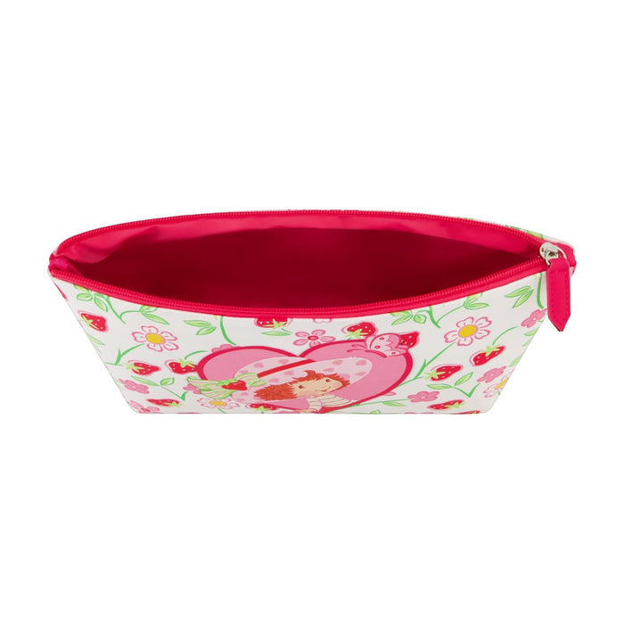 Apricot white floral background heart-shaped design Strawberry Shortcake red zipper and interior trapezoid travel cosmetic bag inside capacity