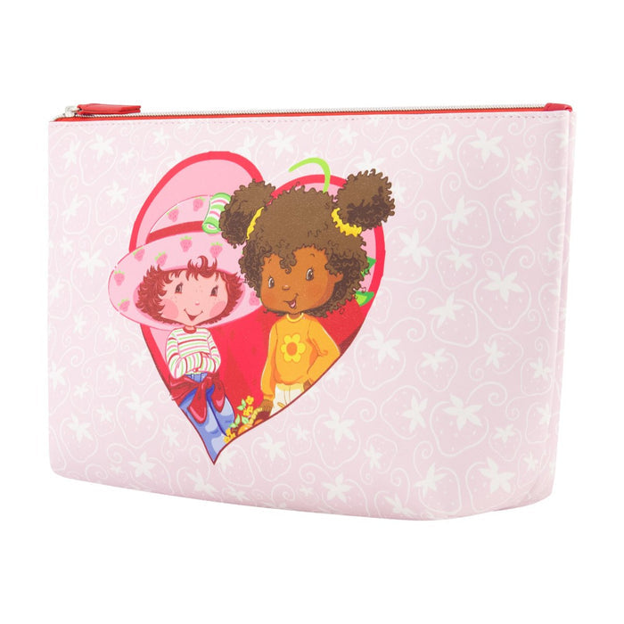 Light pink background heart-shaped design Strawberry Shortcake and Orange Blossom red zipper and interior trapezoid travel cosmetic bag right angle