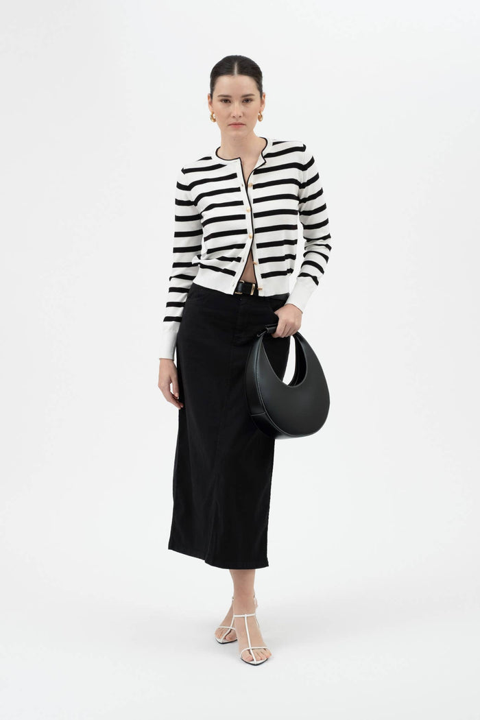 STRIPE ROUND NECK LONG SLEEVE BUTTON DOWN CARDIGAN: IVORY