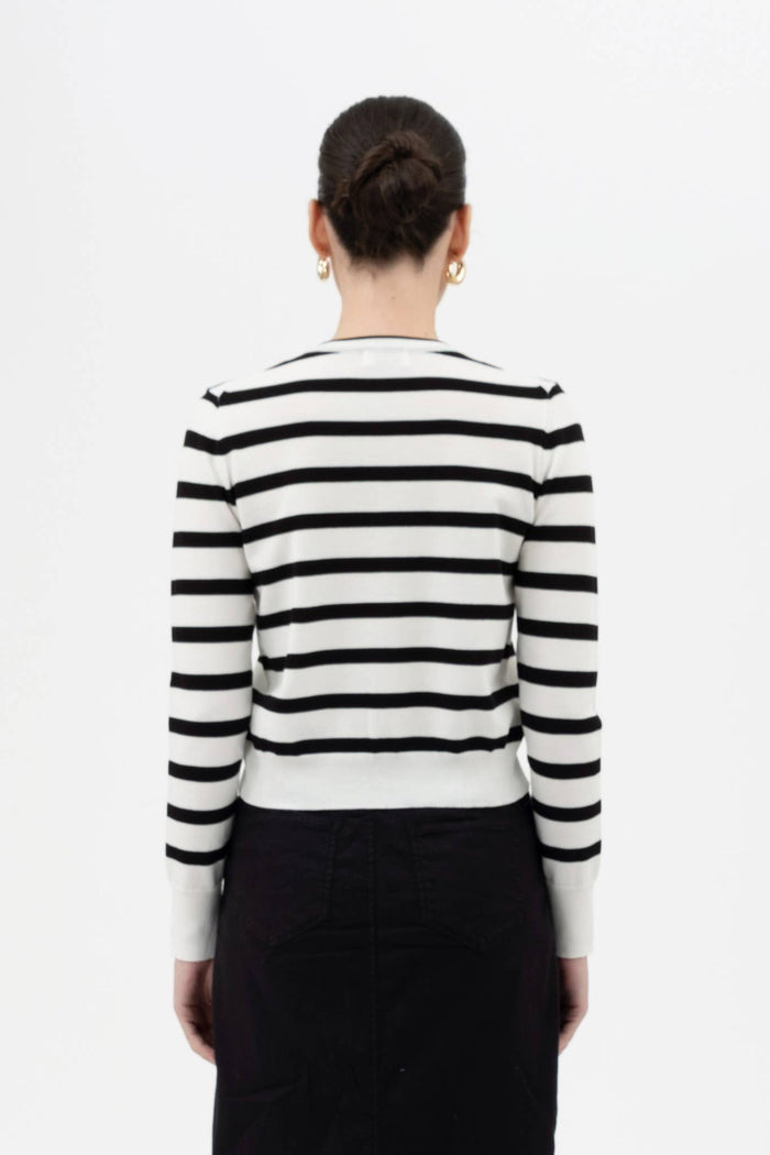 STRIPE ROUND NECK LONG SLEEVE BUTTON DOWN CARDIGAN: IVORY