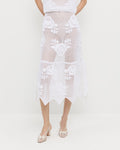 Sullivan Crochet Skirt in cream crocheted cotton, Aurelie Crochet Top in cream crocheted cotton, and Priscilla Cream Heeled Sandal.