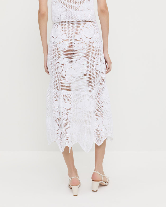 Sullivan Crochet Skirt in cream crocheted cotton, Aurelie Crochet Top in cream crocheted cotton, and Priscilla Cream Heeled Sandal.
