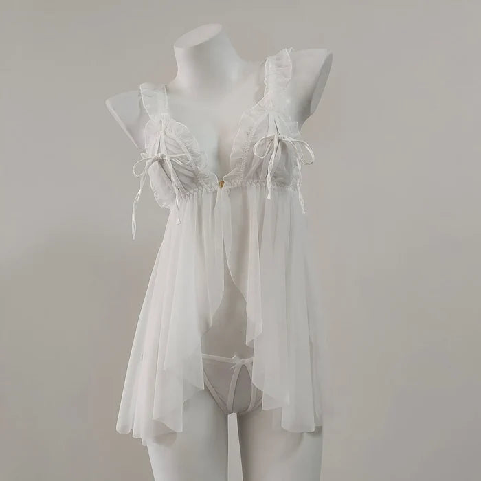 Sweet & Seductive | Multi-Color Sheer Mesh Open Front Babydoll Lingerie Set (Crotchless Thong Included)