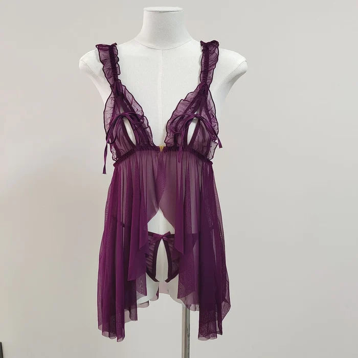 Sweet & Seductive | Multi-Color Sheer Mesh Open Front Babydoll Lingerie Set (Crotchless Thong Included)
