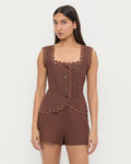 Teagan Top in brown linen and Carissa Short in brown linen.
