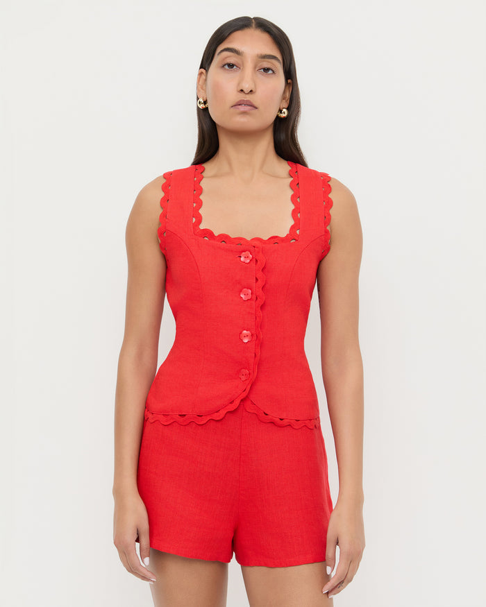 Teagan Top in red linen and Carissa Short in red linen.