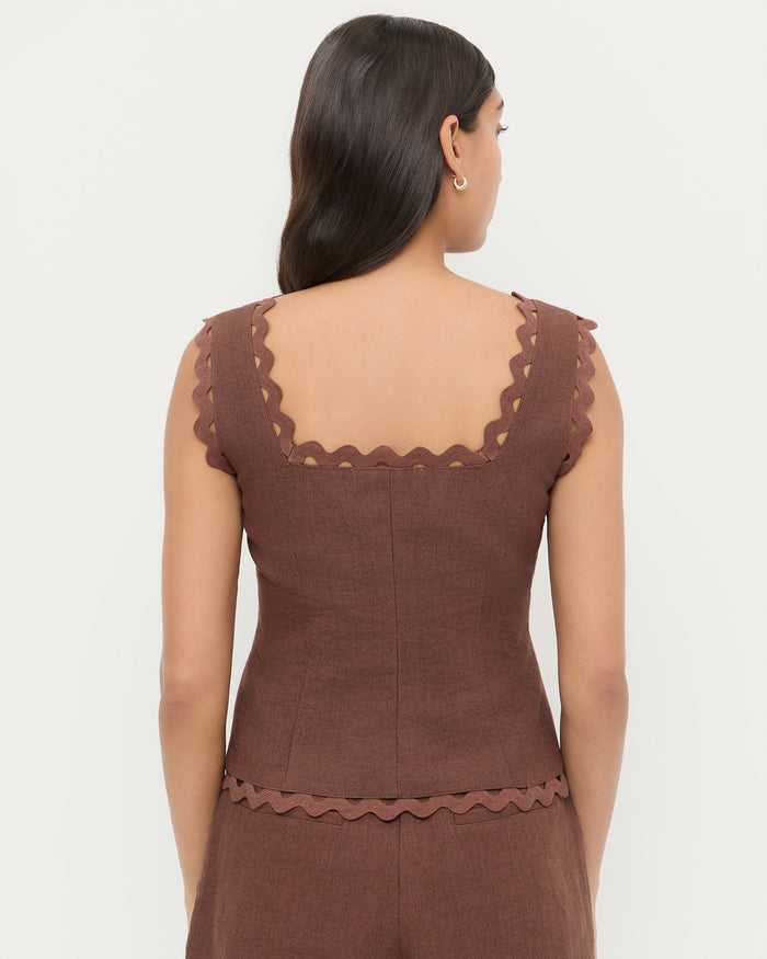 Teagan Top in brown linen and Carissa Short in brown linen.