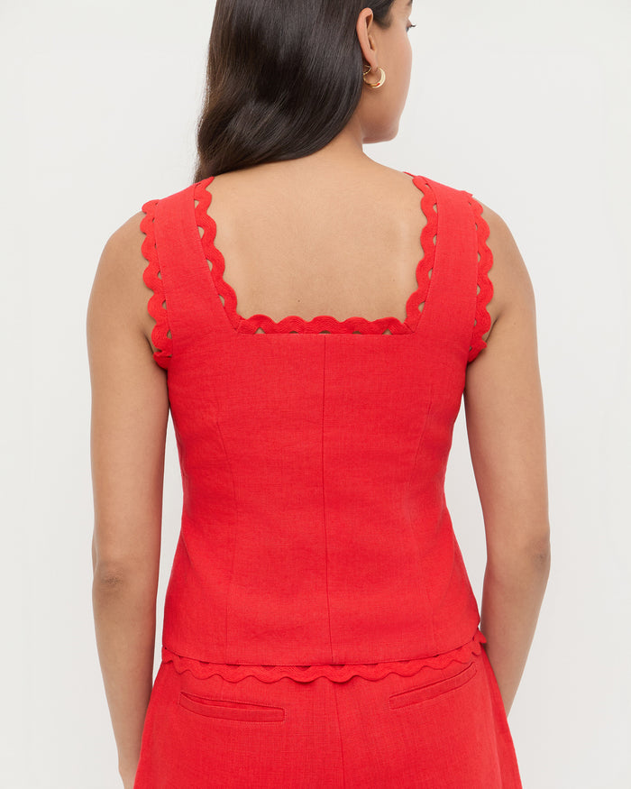 Teagan Top in red linen and Carissa Short in red linen.