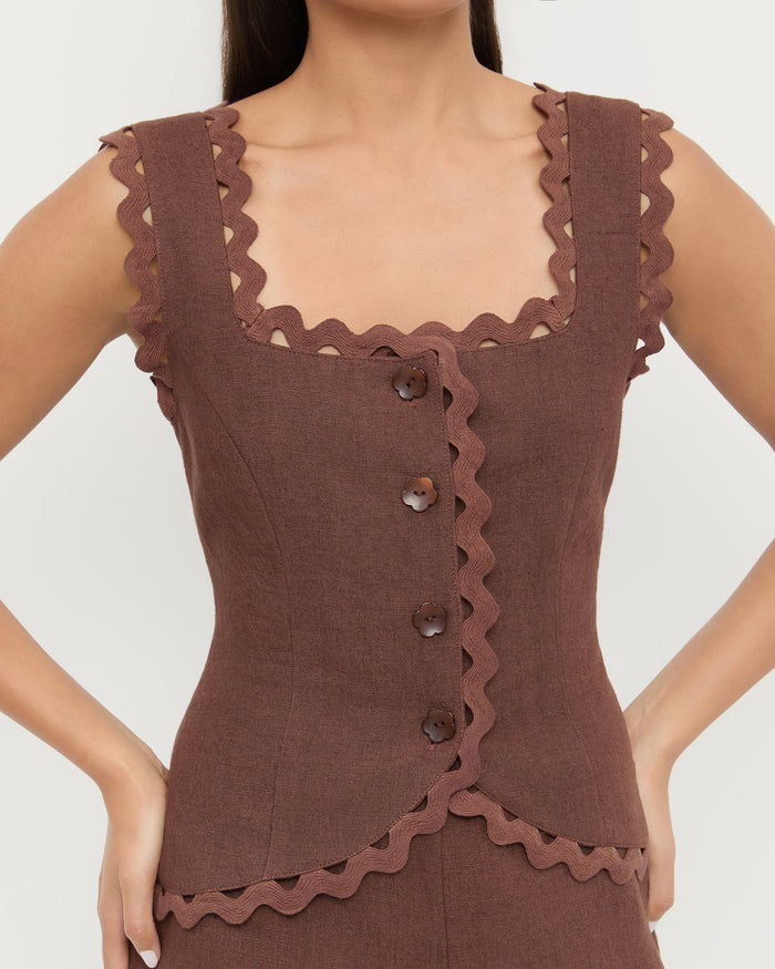 Teagan Top in brown linen and Carissa Short in brown linen.