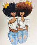 A stylized illustration of two women with large afro hairstyles, one with black hair and one with brown hair, both wearing white off-the-shoulder tops and light blue ripped jeans, with yellow crown-like hair accents above their heads, on a plain light background.