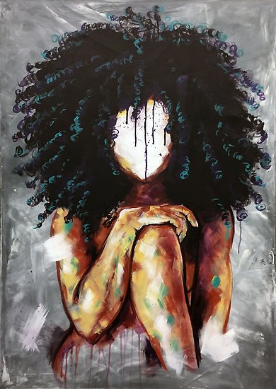 An expressive painting of a seated figure with voluminous dark curly hair, rendered in black, blue, brown, and gold tones against a textured gray background.