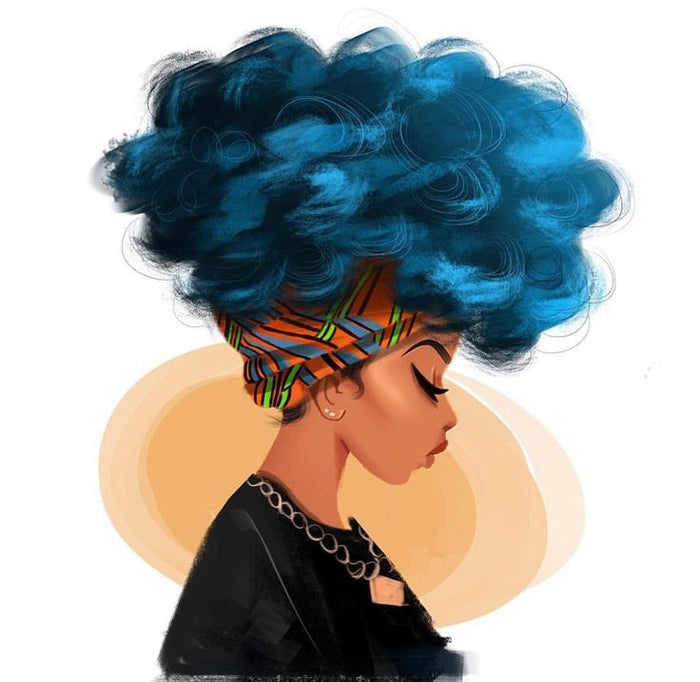 Illustrated profile portrait of a woman with a large voluminous blue afro hairstyle, wearing a multicolored patterned headwrap and a black top, on a white background with a peach circular shape behind her.