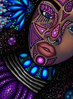 A close-up of a person's face and neck adorned with elaborate, colorful body jewelry and decorative face paint in purple, pink, blue, and black.