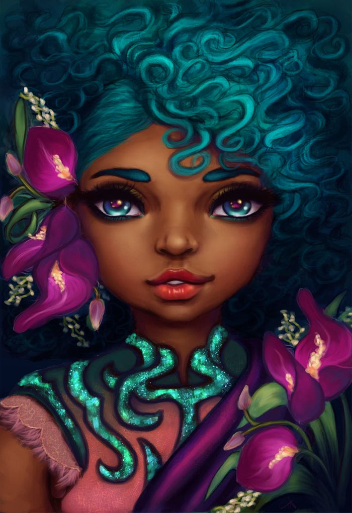 A stylized portrait of a woman with voluminous curly teal hair, large expressive eyes, and magenta flowers around her head and shoulders, rendered in a vivid fantasy/art style.