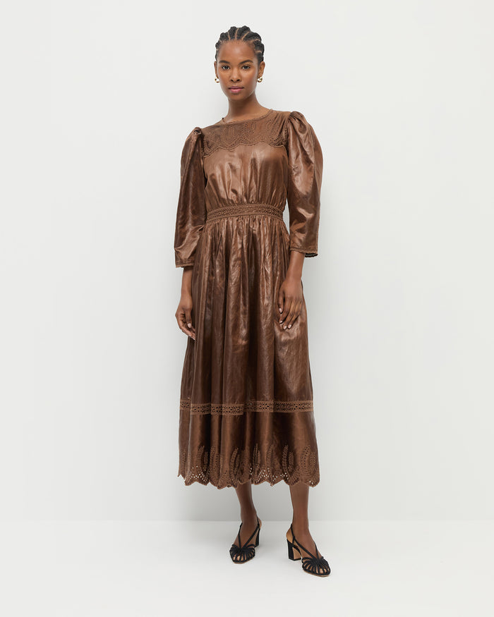 Thelma Eyelet Dress in brown linen and Priscilla Black Moiré Heeled Sandal.
