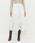 Tinsley Broderie Skirt in cream cotton, Wynn Cardigan in grey wool, and Goldy Espresso Woven Leather Tall Boot.