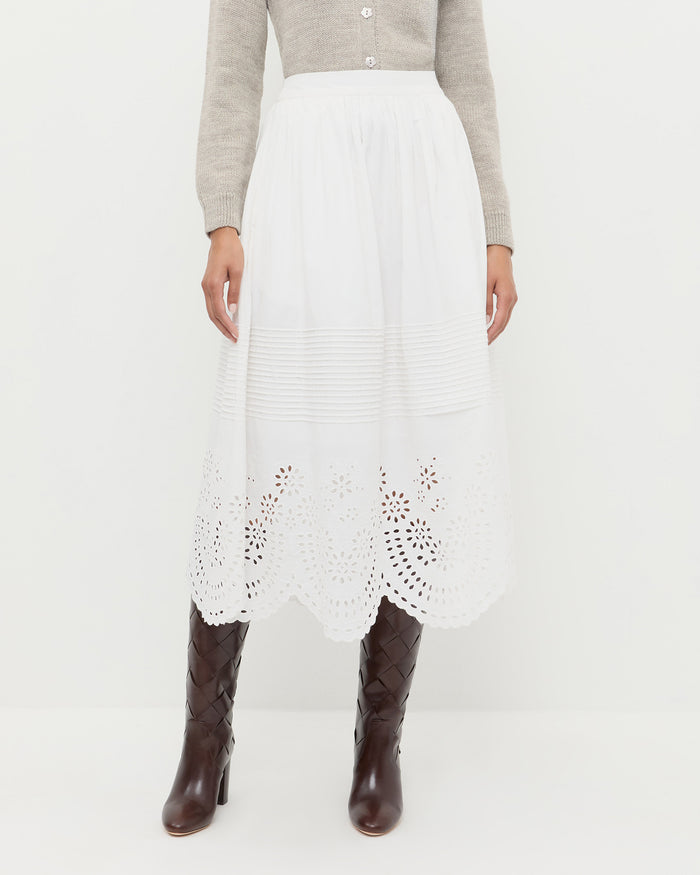 Tinsley Broderie Skirt in cream cotton, Wynn Cardigan in grey wool, and Goldy Espresso Woven Leather Tall Boot.