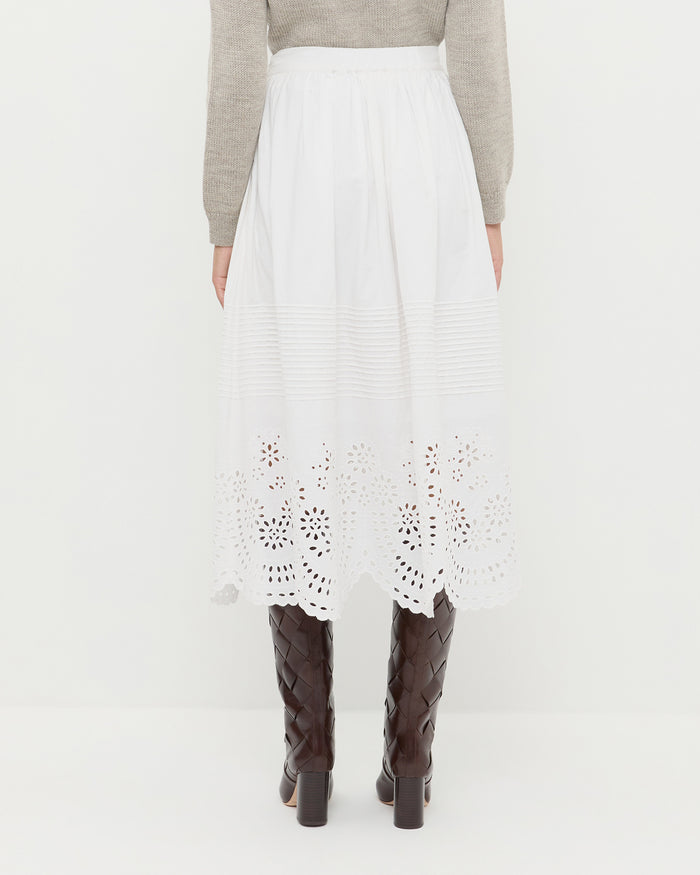 Tinsley Broderie Skirt in cream cotton, Wynn Cardigan in grey wool, and Goldy Espresso Woven Leather Tall Boot.