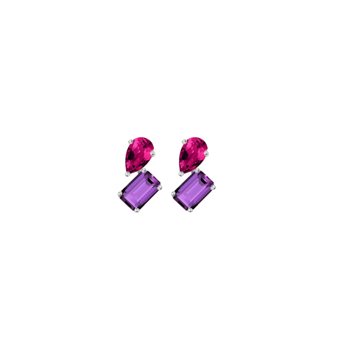 Toi et Moi Gemstone Mini Heirloom Earring - Amethyst & Red Ruby Vermeil White Gold Single First