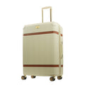 Beige striped 30.5-inch carry-on hardside expandable luggage durable, fast and effort-free transportation with 360° spinner wheels. Officially licensed Tommy Bahama. Angled.