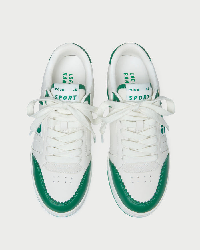 Topspin Cream/Green Court Sneaker in cream and green leather.