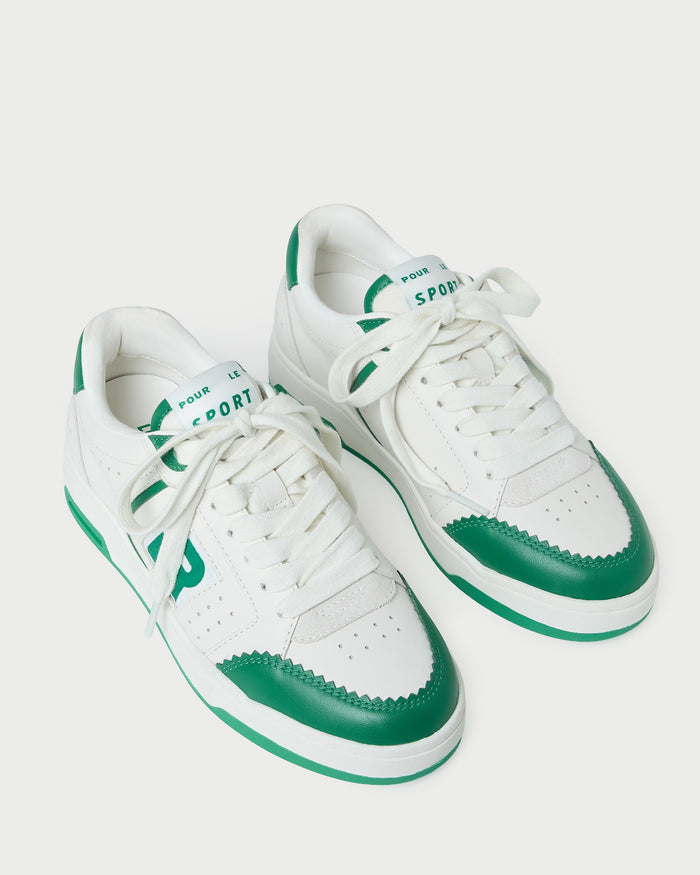 Topspin Cream/Green Court Sneaker in cream and green leather.