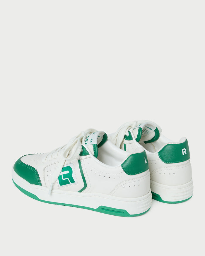 Topspin Cream/Green Court Sneaker in cream and green leather.