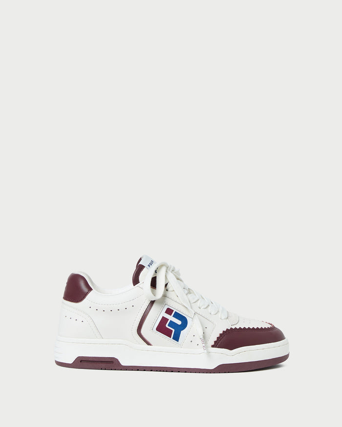 Topspin Cream/Maroon Court Sneaker in cream and maroon leather.