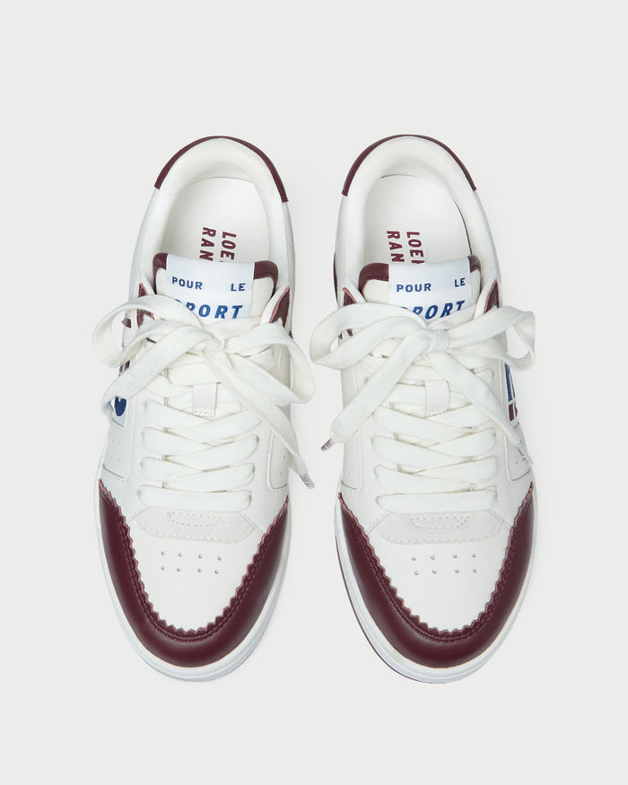 Topspin Cream/Maroon Court Sneaker in cream and maroon leather.