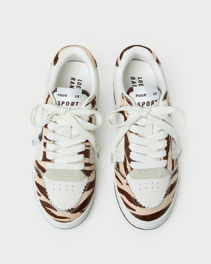 Topspin Cream/Zebra Court Sneaker in cream leather and Zebra hair calf.