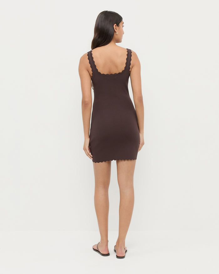 Tori Sleeveless Scalloped Dress in Brown and Jovie Brown Jelly Flip Flop.