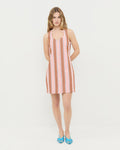 Tova sleeveless mini button-up dress in pink multi striped cotton-linen and Devon Blue Moire Slingback Sandal.