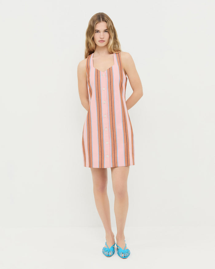 Tova sleeveless mini button-up dress in pink multi striped cotton-linen and Devon Blue Moire Slingback Sandal.