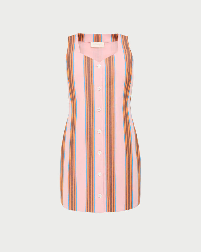 Tova sleeveless mini button-up dress in pink multi striped cotton-linen.