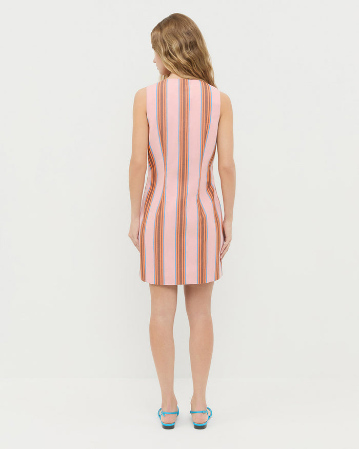 Tova sleeveless mini button-up dress in pink multi striped cotton-linen and Devon Blue Moire Slingback Sandal.