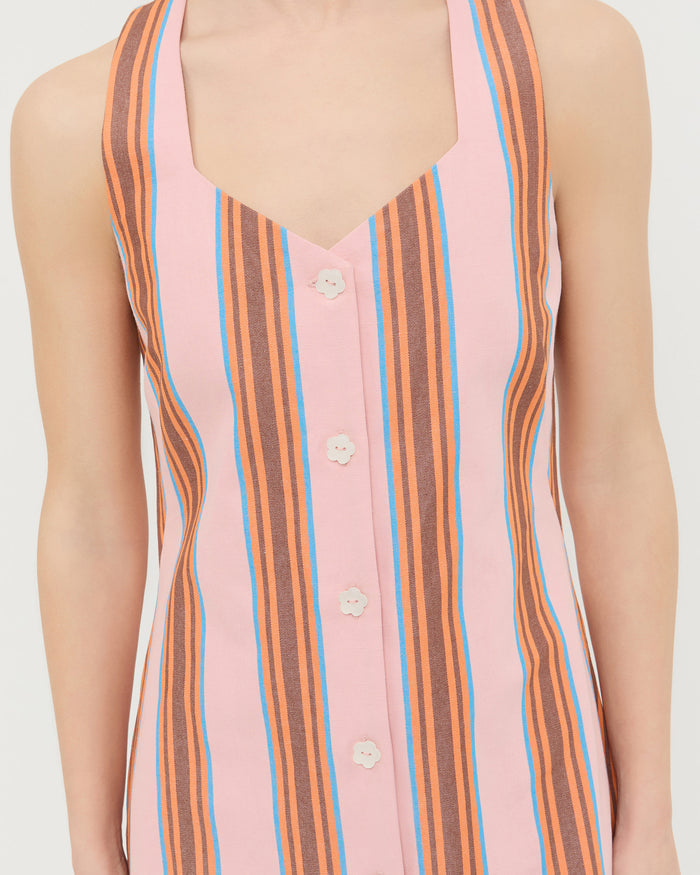 Tova sleeveless mini button-up dress in pink multi striped cotton-linen.
